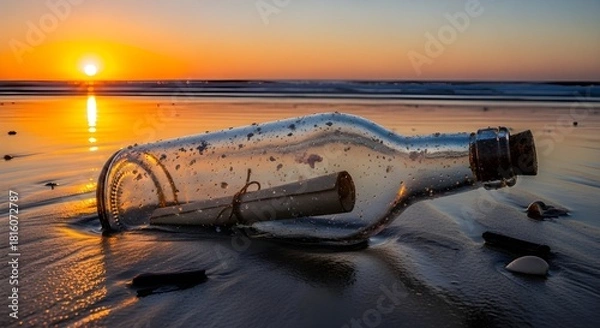 Obraz A message in a bottle, washed ashore on a deserted beach at sunset. The glass bottle is old and slightly foggy, containing a rolled-up parchment. A weathered cork is firmly sealed in the neck. The sce