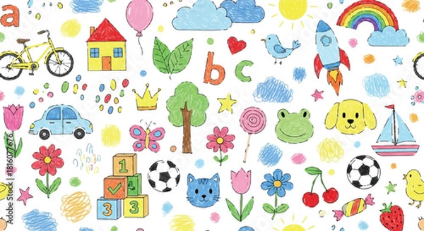 Obraz Colorful Children's Drawing Style Seamless Pattern