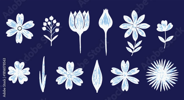 Obraz Hand Drawn Blue and White Floral Elements on Dark Blue Background Keywords floral, flowers