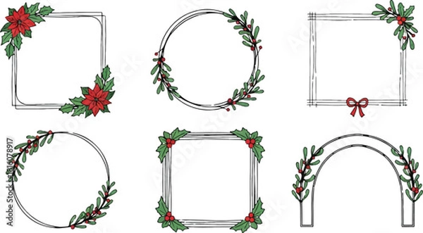 Obraz Hand Drawn Christmas Wreath and Frame Elements border