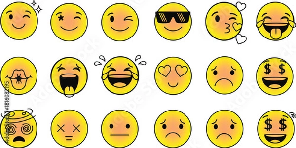 Obraz Yellow Emoji Faces with Various Expressions and Emotions