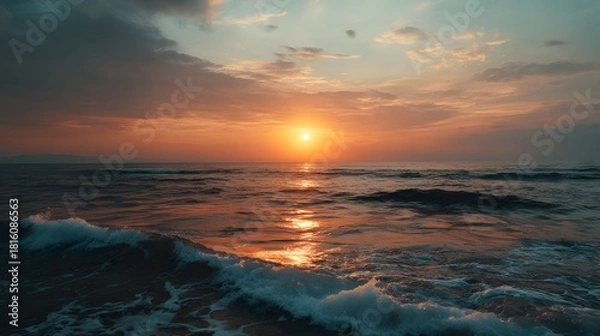 Obraz Serene Ocean Waves at Sunset with Warm Golden Sky

