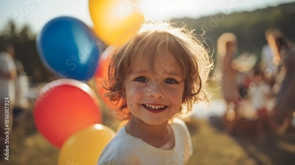 Obraz Joyful Child Smiling with Colorful Balloons at an Outdoor Summer Festival