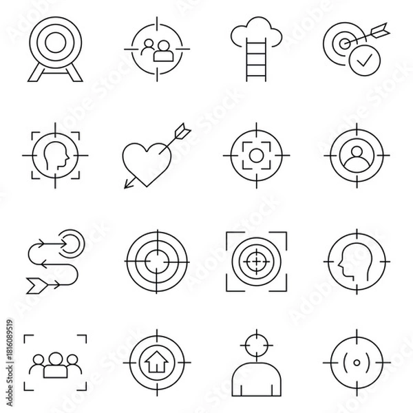 Obraz Collation of target icon set. Line and glyph aim dart board. Goal, success, strategy, vision, aim, focus and more. Focus icon line style set. Aim sniper shoot icons. Vector illustration.
