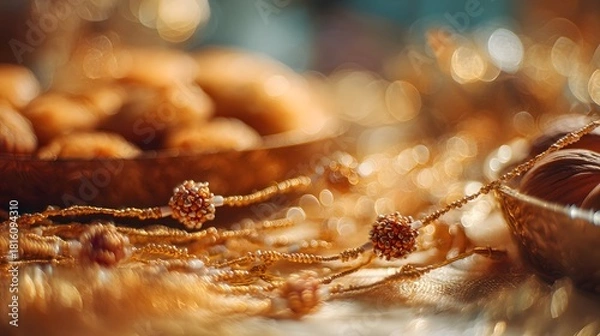 Obraz Golden Traditional Rakhi With Festive Indian Sweets in Warm Bokeh Lighting