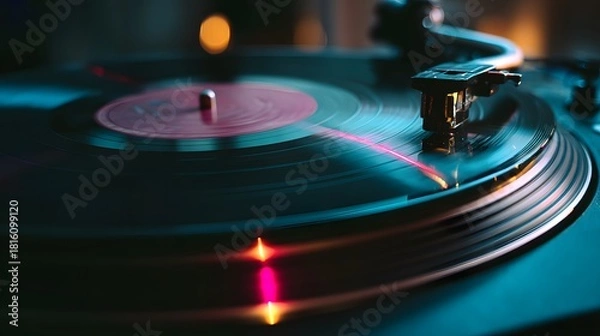 Obraz Close-Up of Vinyl Record Player Spinning Under Colorful Retro Lights