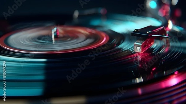 Obraz Neon-Lit Spinning Vinyl Record on Retro Turntable
