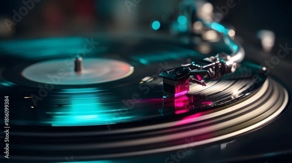 Obraz Close-Up of Spinning Vinyl Record with Neon Lights on Turntable