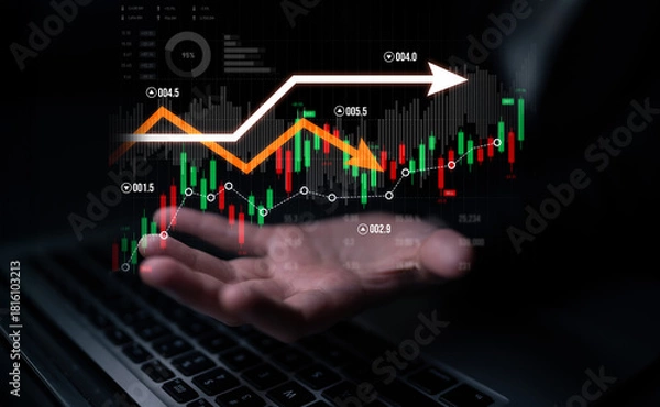 Fototapeta A business professional analyzing stock market trends using digital tools while projecting data through a hand above a laptop, showcasing investment strategies and market insights. Scalp