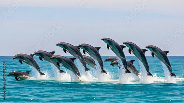 Fototapeta Magnificent pod of dolphins leaping playfully from turquoise ocean waters, a stunning display of nature's beauty and marine life's vibrant energy