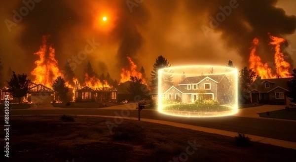 Fototapeta In a surreal, dramatic scene, a suburban house is encased in a glowing energy shield, starkly contrasting with the raging wildfire consuming neighboring homes under a smoke-filled, 