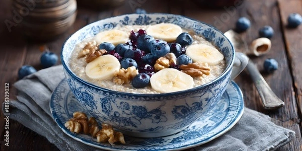 Obraz Healthy Breakfast Bowl with Oatmeal, Blueberries, Banana Slices, and Walnuts