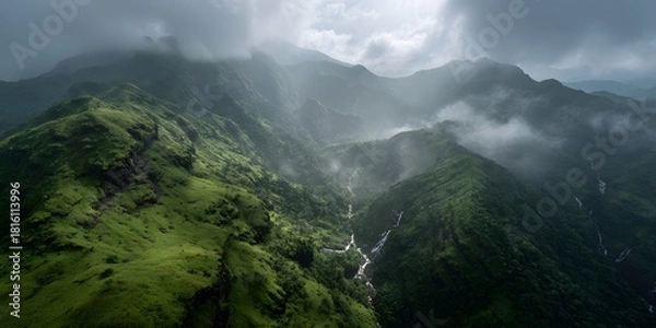 Obraz Aerial View of Misty Green Mountains and Monsoon Waterfalls