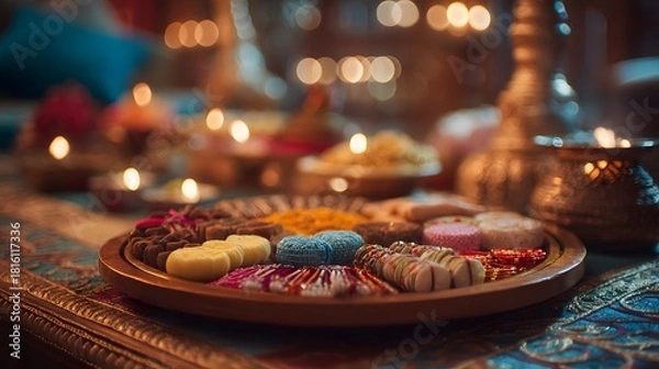 Obraz Traditional Indian Sweets and Festive Decor Arranged on a Decorative Tray with Warm Diya Lights