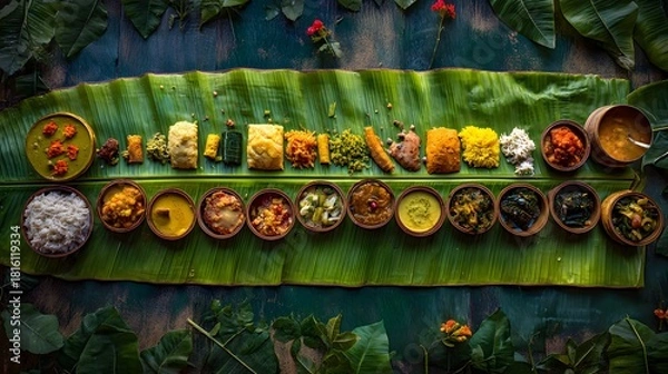 Obraz Traditional South Indian Banana Leaf Feast with Assorted Vegetarian Dishes and Authentic Sadhya Presentation