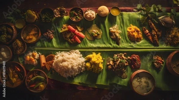 Obraz Authentic South Indian Banana Leaf Meal with Traditional Vegetarian Dishes and Festive Feast Presentation