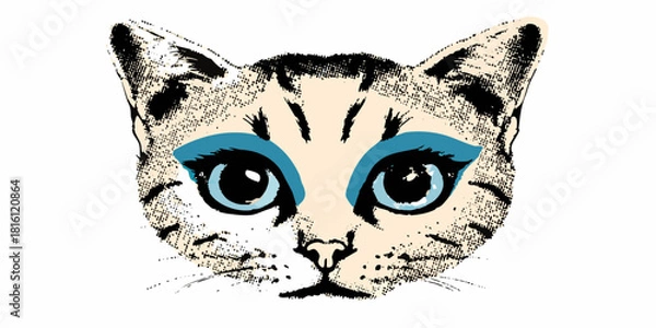 Obraz Stylized cat portrait with blue eyeshadow on a white background