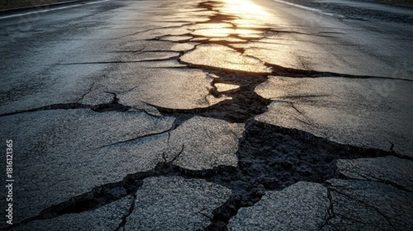 Obraz Cracked asphalt road with spiderweb patterns in sunlight