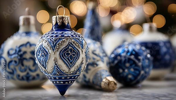 Fototapeta A close-up of intricately carved white and blue