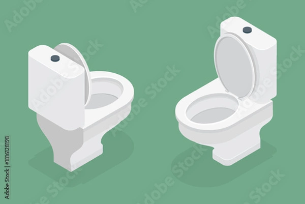 Fototapeta Ceramic toilet bowl for bathroom. Simple 3d flat isometric vector icon on a green background.