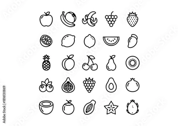 Fototapeta Monochrome Fruit Vector Icons (25 Unique Designs), Black and White Outline Fruit Graphics Collection, Minimalist Produce Icons: 25 Bold Vector Fruits