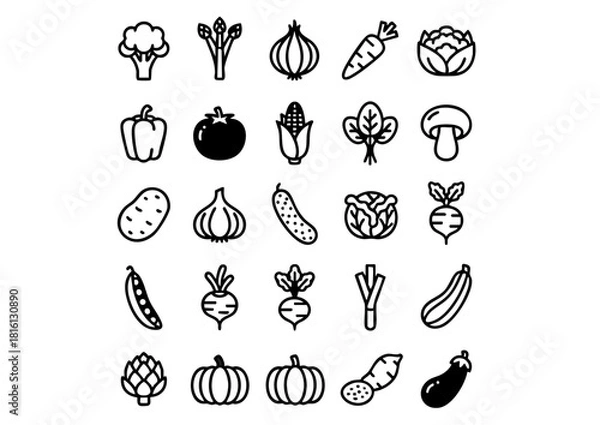 Fototapeta Black & White Vector Vegetable Icon Set (25 Unique Designs), Monochrome Farm Fresh: 25 Outline Vegetable Graphics, Minimalist Produce Icons: Bold Black and White Food Vectors