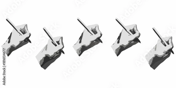 Fototapeta Multiple hands holding pens in a row grayscale illustration on white