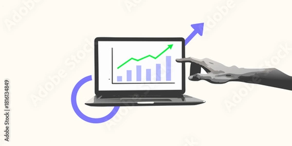 Obraz Laptop with rising graph hand and up arrow for business success
