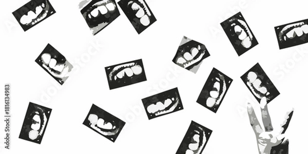 Fototapeta Dental x rays scattered with hand making peace sign on white