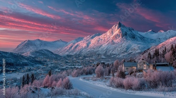 Obraz Breathtaking Arctic Winter Landscape at Sunset with Snow-Covered Mountains and Village Below a Vibrant Pink and Red Sky, Scenic Christmas Travel Destination in Norway
