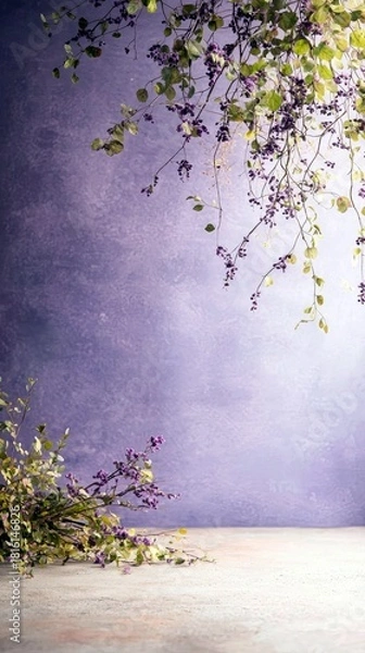 Fototapeta A close-up of delicate branches adorned with small purple berries and green leaves, set against a soft, textured purple backdrop.
