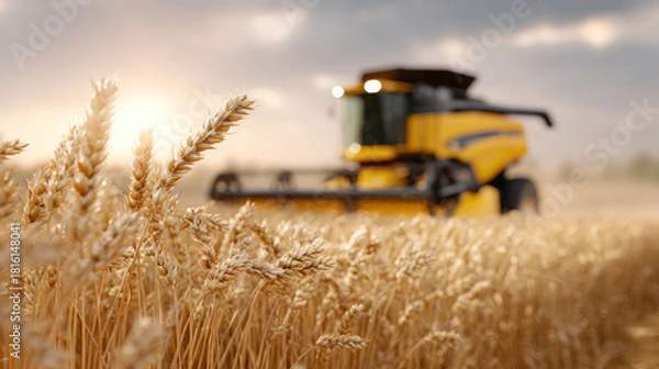 Obraz Agricultural machinery harvesting golden wheat in a vast field under a dramatic sky, showcasing the beauty of farming and modern technology in action