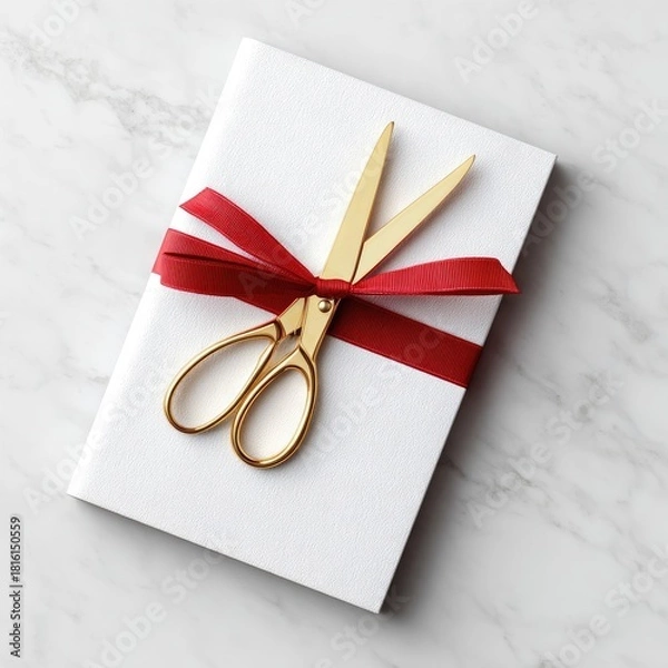 Fototapeta Elegant Gift Wrapping With Gold Scissors And Red Ribbon On White Marble Surface