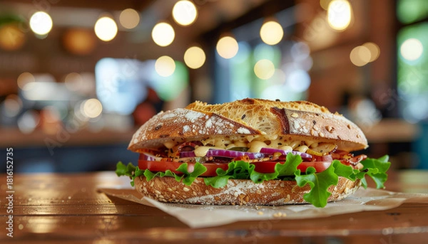 Fototapeta Close-up of a fresh sandwich with lettuce, tomato, and onion on a wooden table in a restaurant setting.