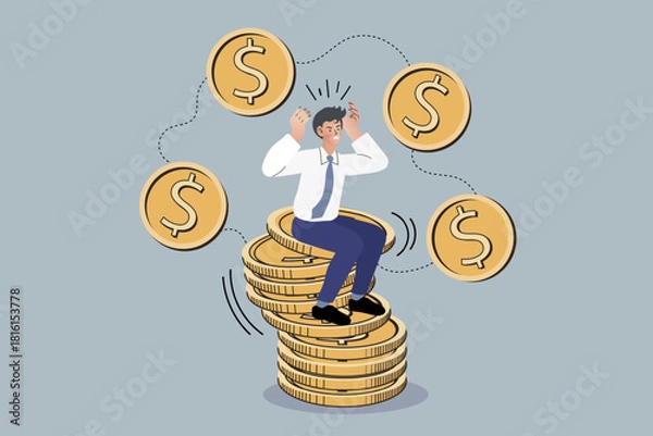 Fototapeta A stressed businessman sits on an unstable, shaking stack of gold coins. This financial crisis concept illustrates economic instability, investment risk, and the pressure of market volatility.