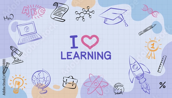 Fototapeta Seamless pattern with school doodles. Education background with hand drawn science and math supplies. Creative elements on green chalkboard. Vector illustration.