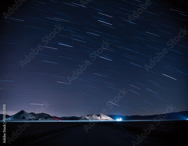 Fototapeta Dramatic long exposure showcasing star trails over a desert mountain landscape at night. Evokes vastness, journey, time, and adventure. Perfect for travel, science, or introspective themes.