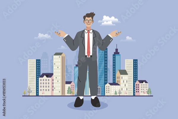 Fototapeta Real estate agent presenting urban city buildings. Businessman standing with open hands for property investment concept. Vector illustration of modern architecture background.
