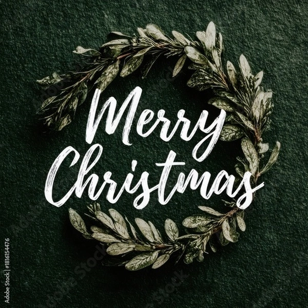 Fototapeta Minimalist Dark Christmas Greeting: Hand-Lettered White "Merry Christmas" Text within Simple Natural Wreath on Deep Dark Green Stone or Slate Background