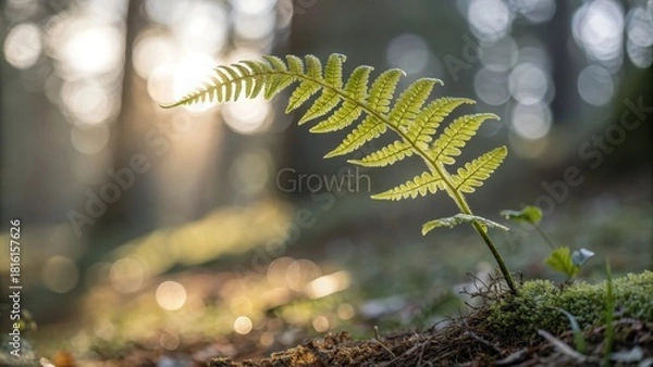 Fototapeta A solitary fern frond unfurls in a sun-dappled forest, representing natural growth and tranquility