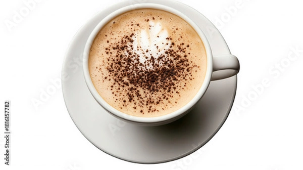 Fototapeta Overhead shot of a cappuccino in a white cup with chocolate sprinkles on a white saucer on black on transparent background