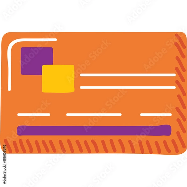 Fototapeta Orange Credit Card Illustration With Purple And Yellow Accents Isolated On White Background With White Stripes And Red Hatching Detail