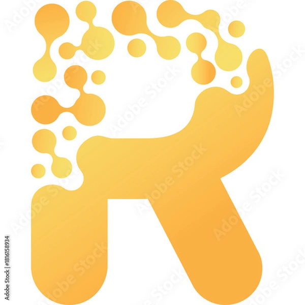 Fototapeta Orange Letter R Abstract Design With Connected Dots And Bubbles Effect Transparent Background