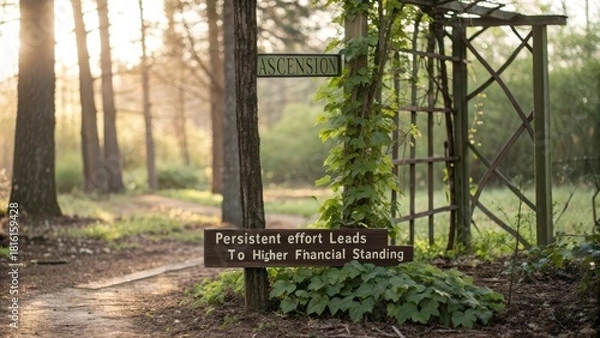 Obraz Ascension Signpost and Vine Guiding Towards Higher Financial Standing in a Serene Natural Environment