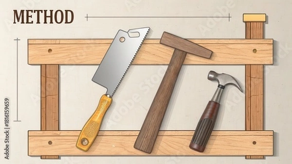 Fototapeta An assortment of essential woodworking tools, including a saw, a hammer, and another hammer, neatly arranged