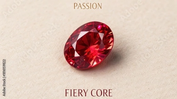 Fototapeta An oval cut vibrant red ruby gemstone with fiery core reflections on a textured background, representing passion