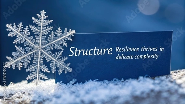 Fototapeta Elegant snowflake rests beside a dark blue card with the word structure and resilience written on it surrounded by snow.
