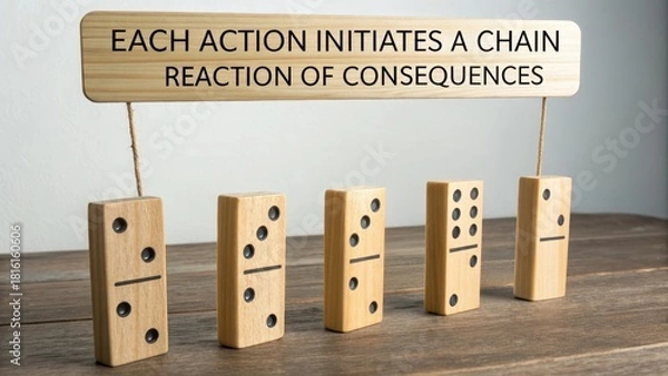 Fototapeta Five precisely carved wooden dominoes standing upright in a row on a textured surface, symbolizing a chain reaction of consequences.