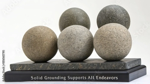 Fototapeta Four balanced unpolished granite spheres on a dark stone surface.