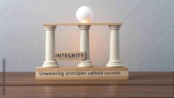 Fototapeta Four balanced pillars supporting integrity and a glowing orb, symbolizing unwavering principles for success.